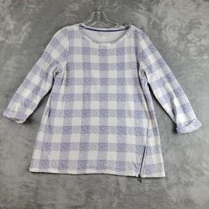 J Jill Top Womens Small White Blue Checkered 3/4 Sleeve Zipper Accent Workwear